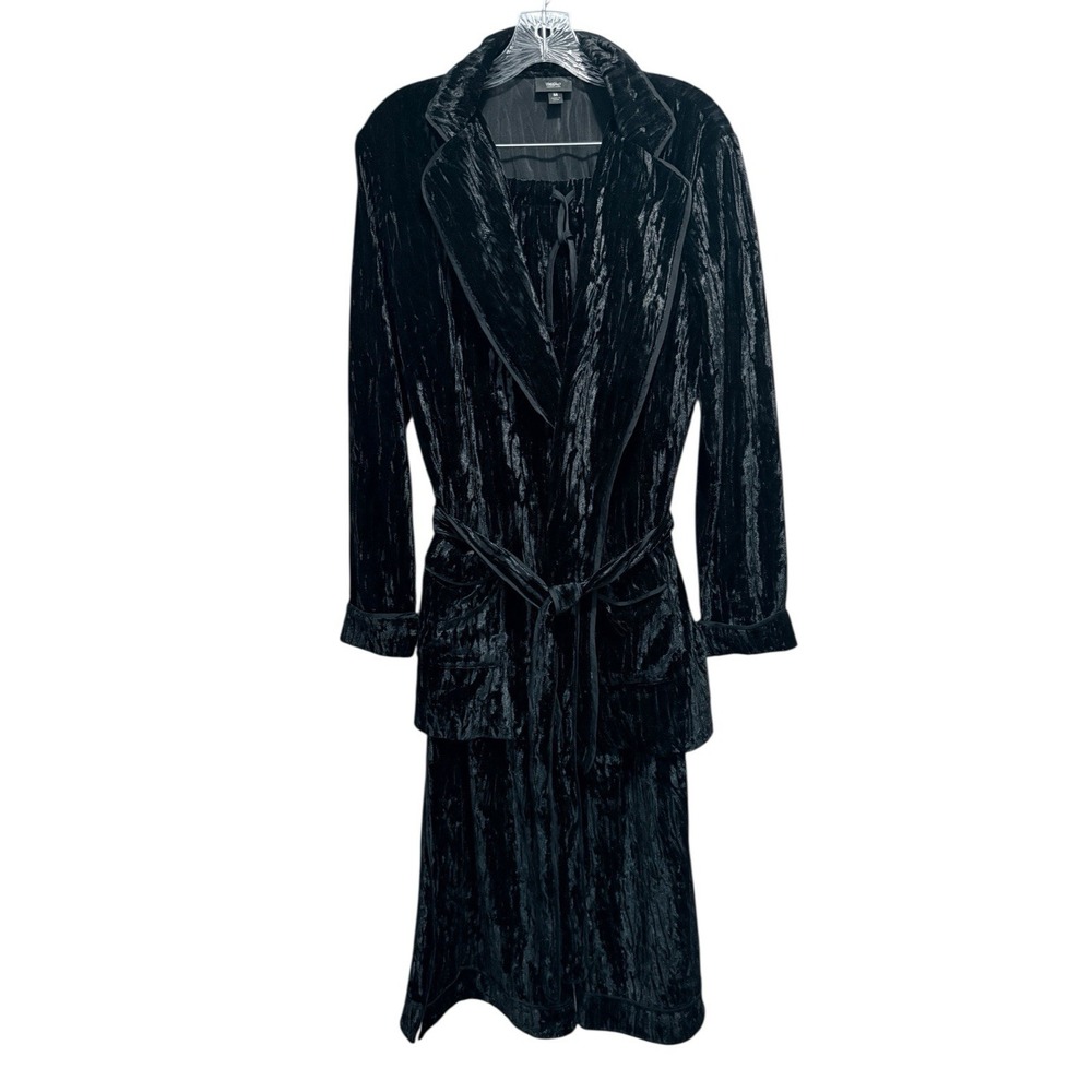 Vtg Y2K Crushed Velvet Lounge‎ Set M Black Belted Jacket Pant Textured Pajamas